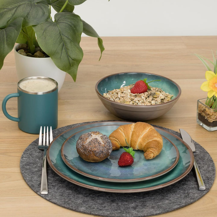 Melamin Geschirr Set Jesolo Grün für - mit Edelstahltassen Steingutoptik Spülmaschinengeeignet Campi