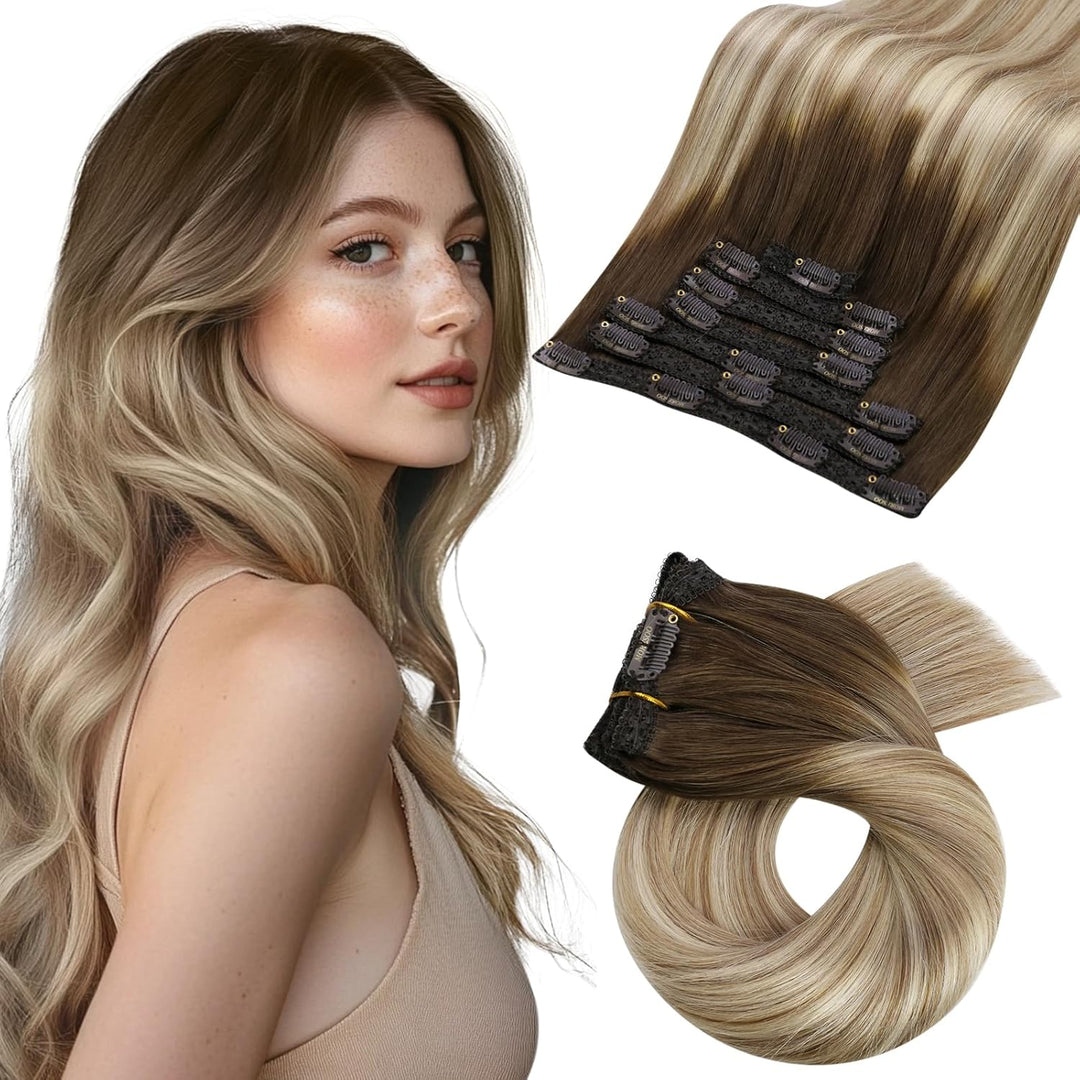 Moresoo Clip Extensions Echthaar Balayage Haarextension Echthaar Clip in Extensions Echthaar Remy Ex