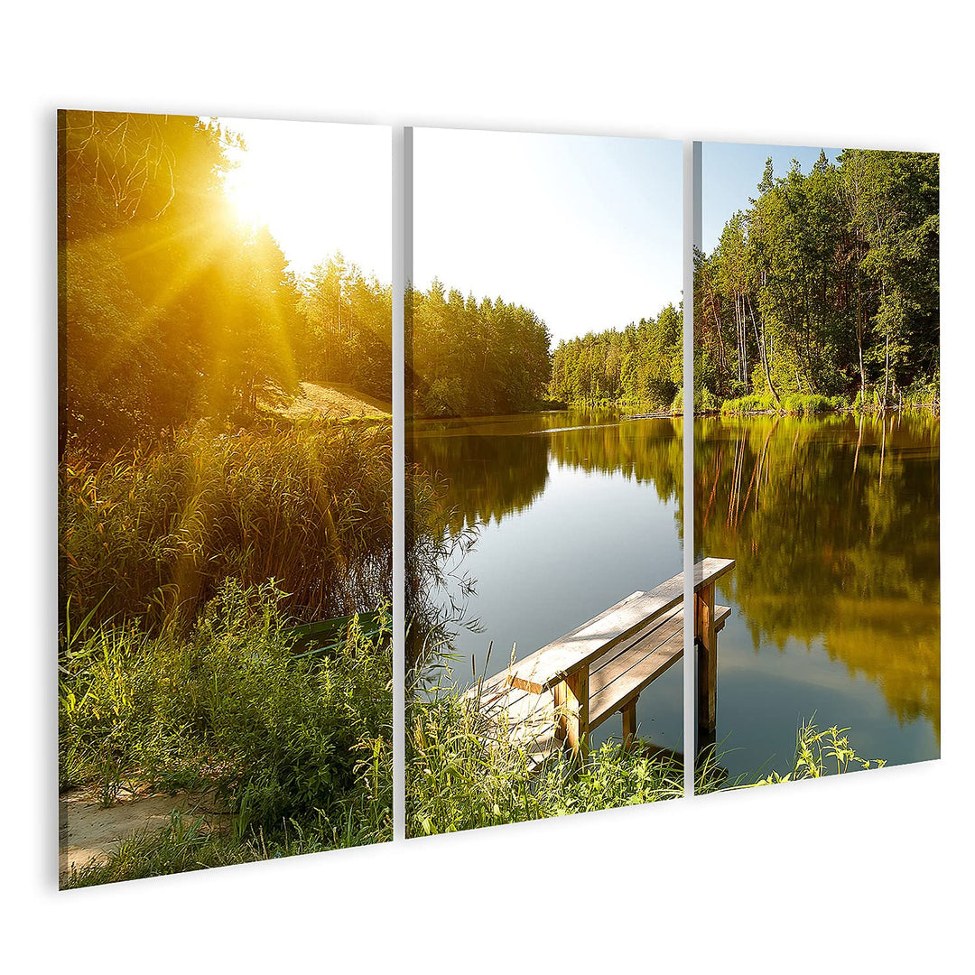 islandburner Bild auf Leinwand Sommerlandschaft Waldsee Sonnenstrahlen Bilder Wandbilder Poster 130x