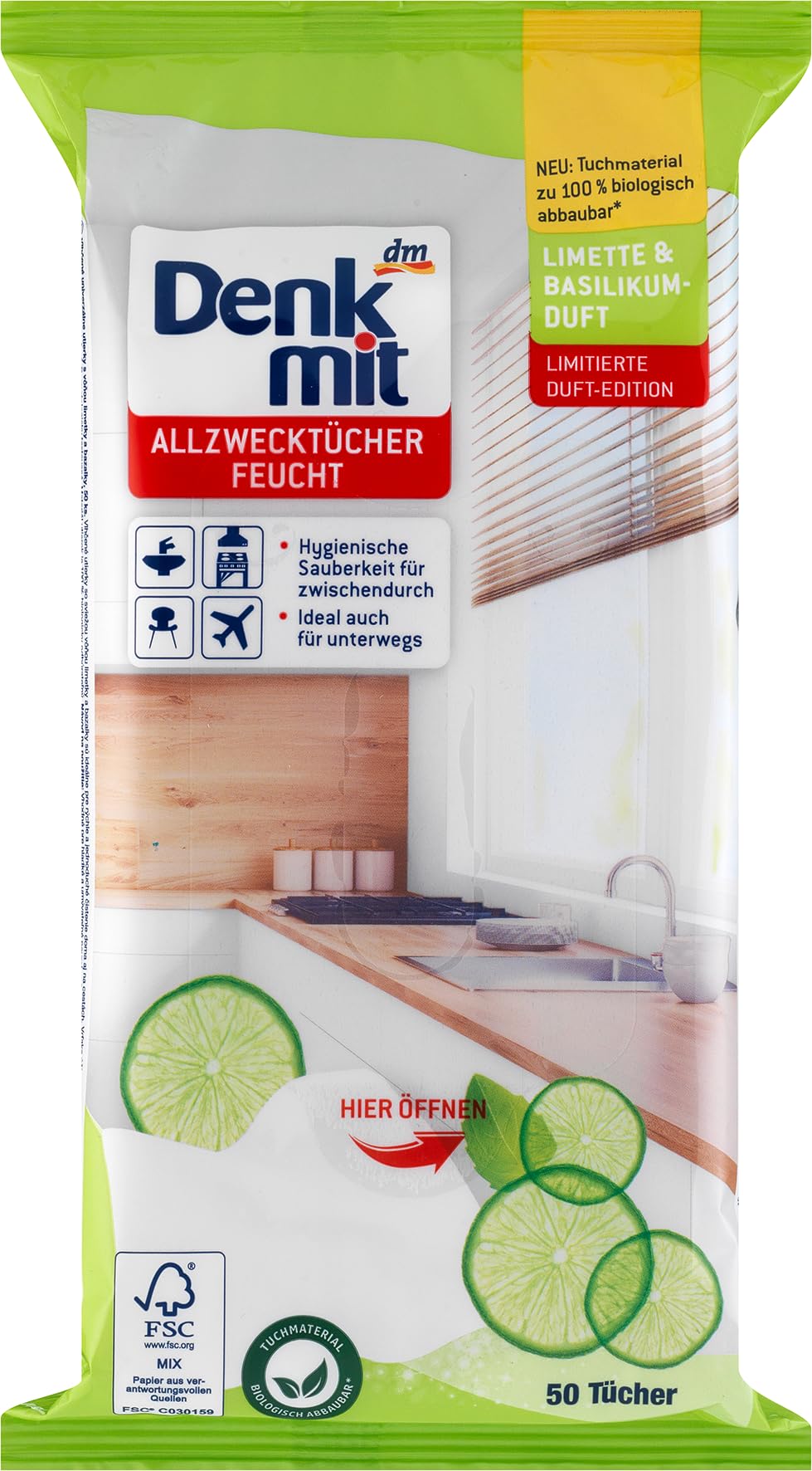 DENK MIT Feuchttücher Feuchte Allzwecktücher Limette & Basilikum 50 St (10 Packungen) Feuchte Allzwe