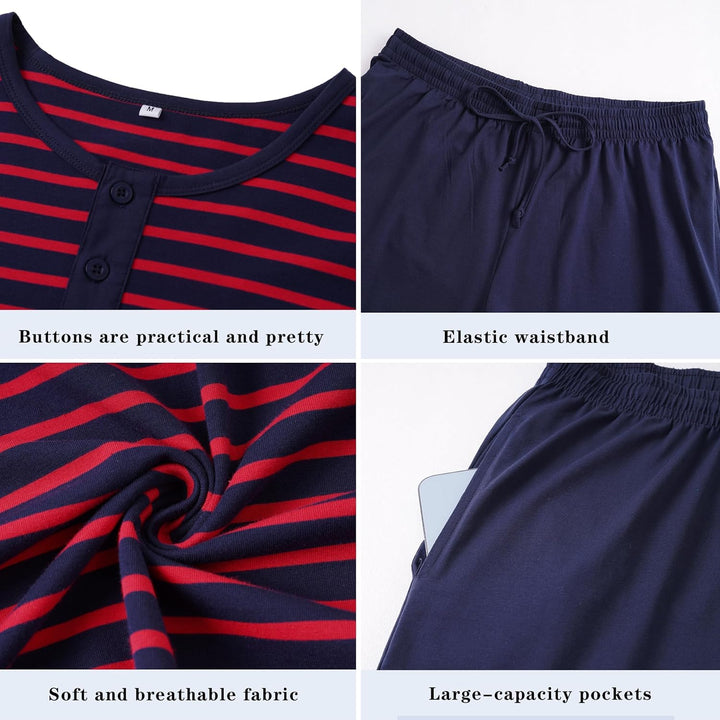 Schlafanzug Herren Kurz aus Baumwolle mit Kontraststreifen Design, Sommer Pyjama Set Oberteile und K