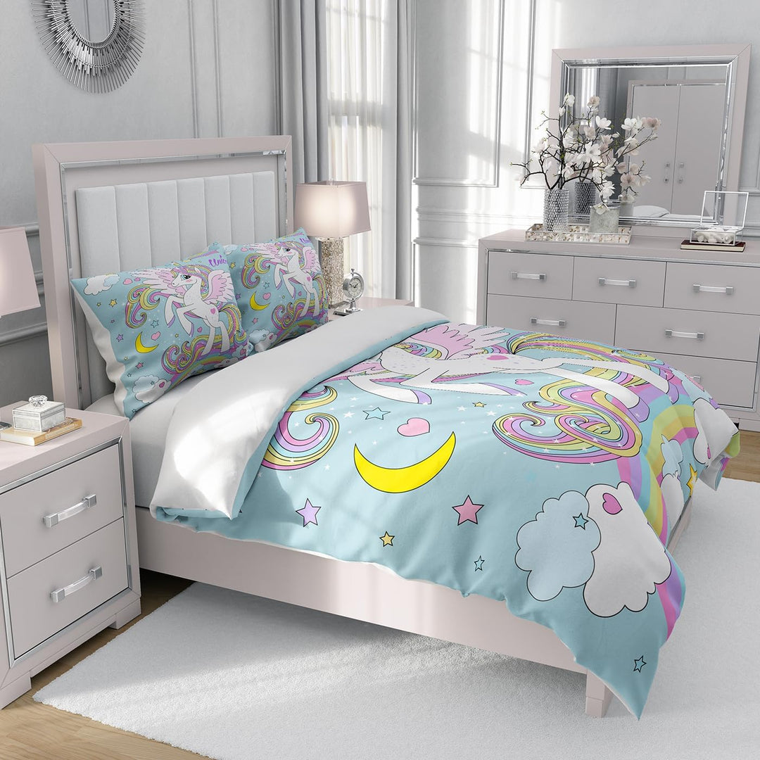 Rosa Einhorn Mädchen Bettwäsche Set,Cartoon Einhorn Muster Kinder Bettbezug Set,Regenbogen Wolken un