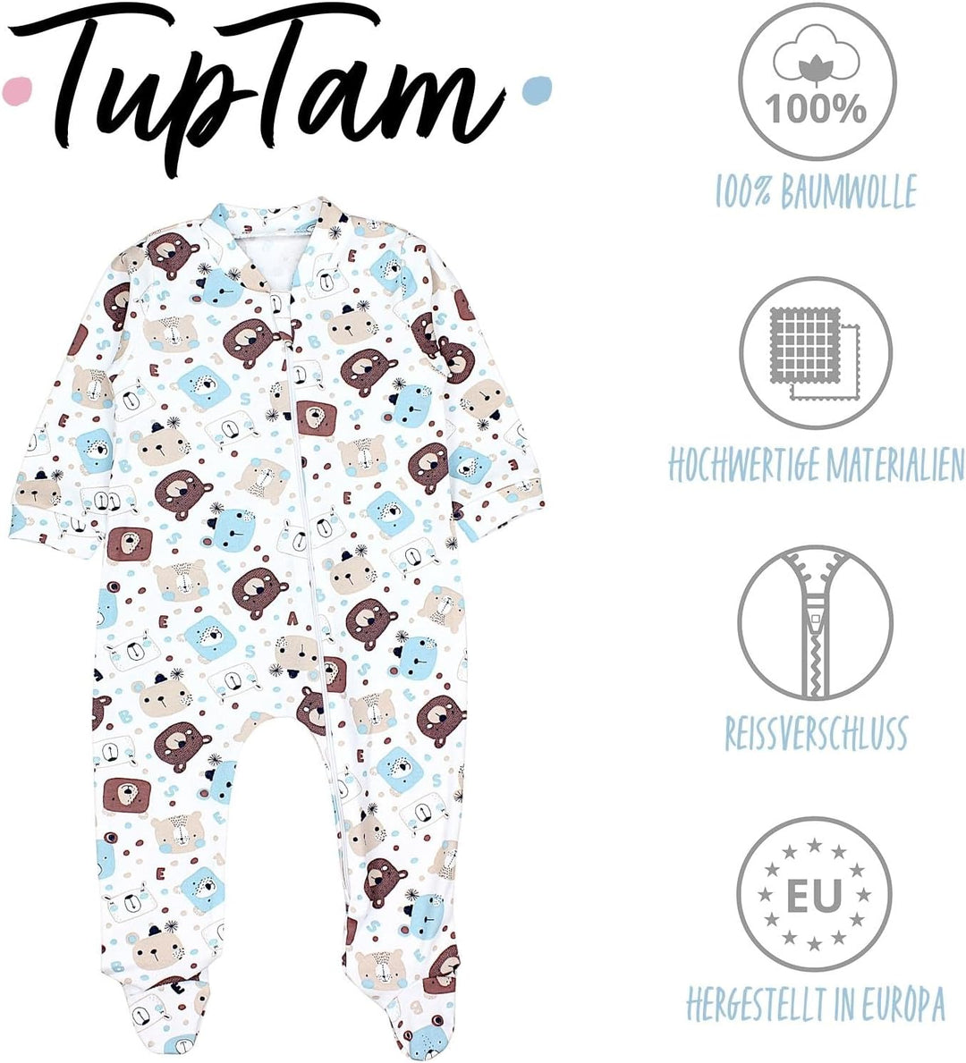 TupTam Unisex Schlafstrampler 3er Pack Baumwolle mit Reissverschluss 74 Bärchen Blätter Eisberg, 74