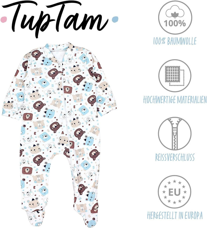 TupTam Unisex Schlafstrampler 3er Pack Baumwolle mit Reissverschluss 74 Bärchen Blätter Eisberg, 74