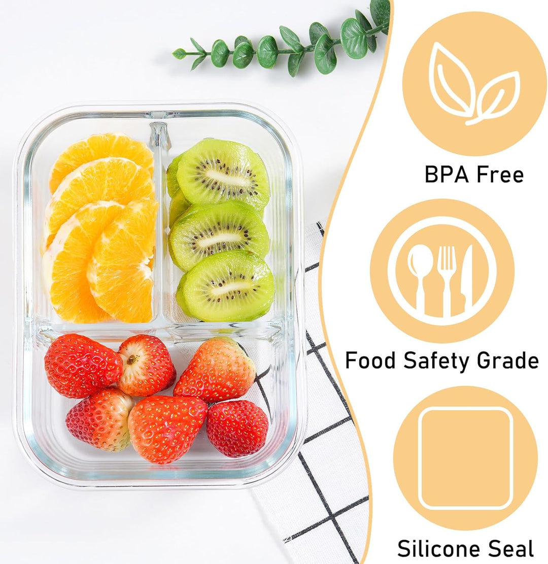 LXUDN Meal Prep Boxen Glas 2 Fächer & 3 Fächer - Mealprepboxen Glas (3 Behälter + 3 Deckel) - Vorrat