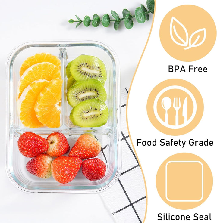 LXUDN Meal Prep Boxen Glas 2 Fächer & 3 Fächer - Mealprepboxen Glas (3 Behälter + 3 Deckel) - Vorrat