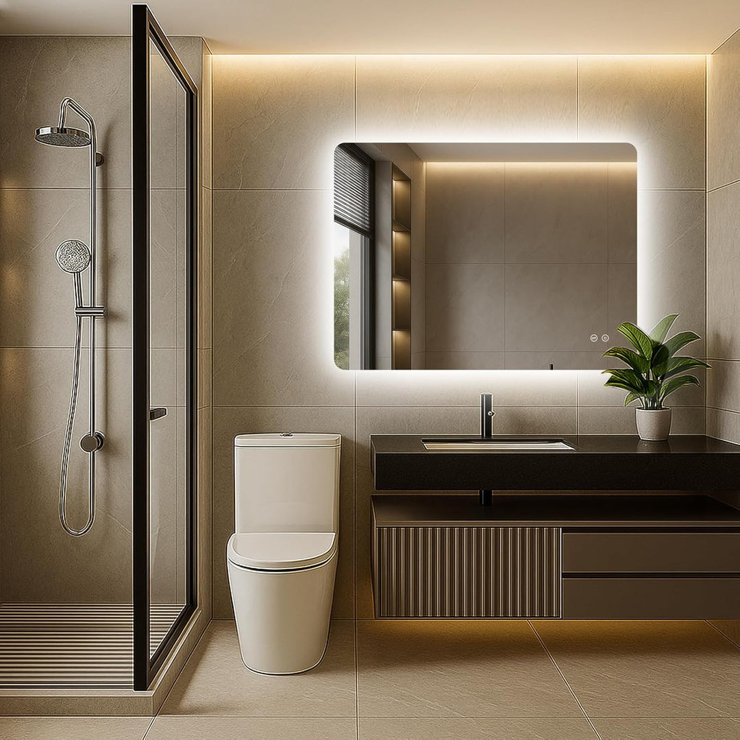 Badezimmer Spiegel mit Beleuchtung 100x60cm, LED Bad Spiegel mit licht, 3 Lichtfarben, Dimmbar, Rech
