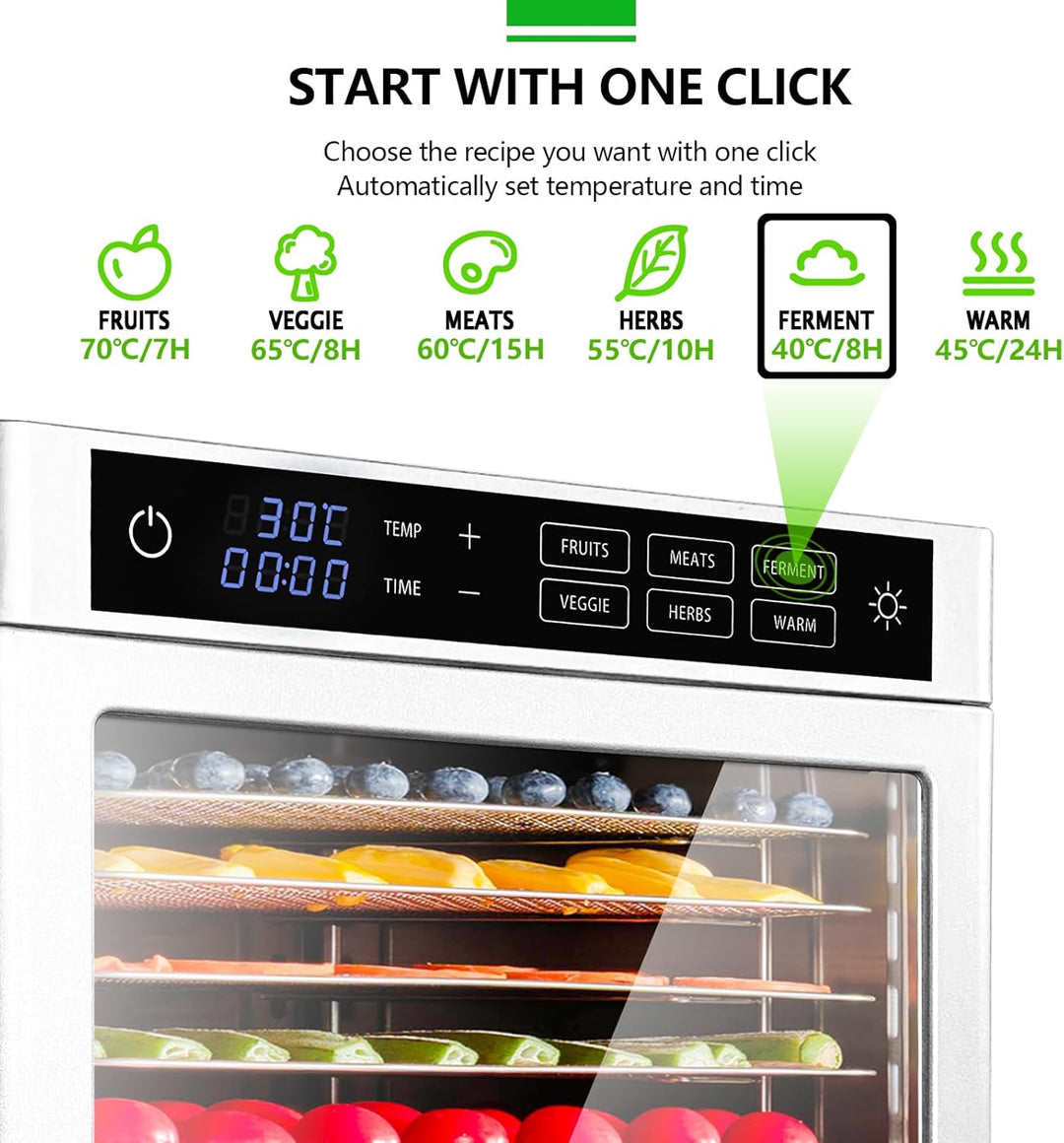 Dörrautomat Edelstahl mit 8 Edelstahlgitter 500W - oiyocemo 6 Voreinstellungen für Dörrgerät Dehydra
