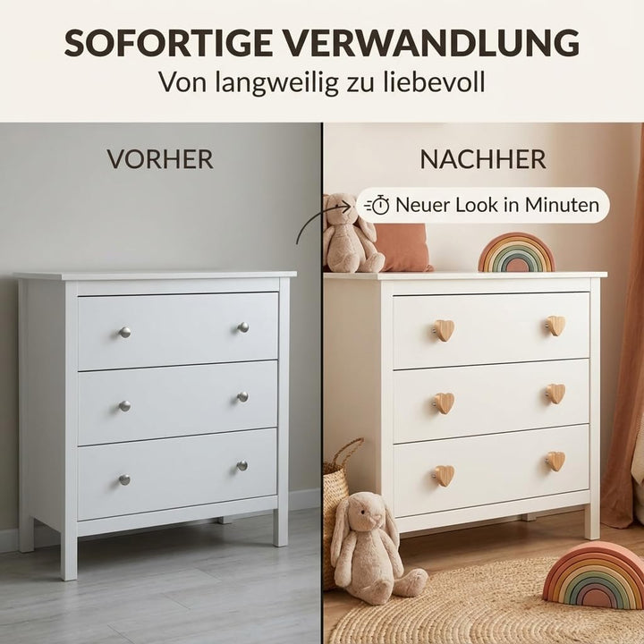 Möbelknöpfe Holz Herz 12 Stück - Schrankknöpfe Kinder, Holzknöpfe für Kommoden, Möbelgriffe Holz 12e