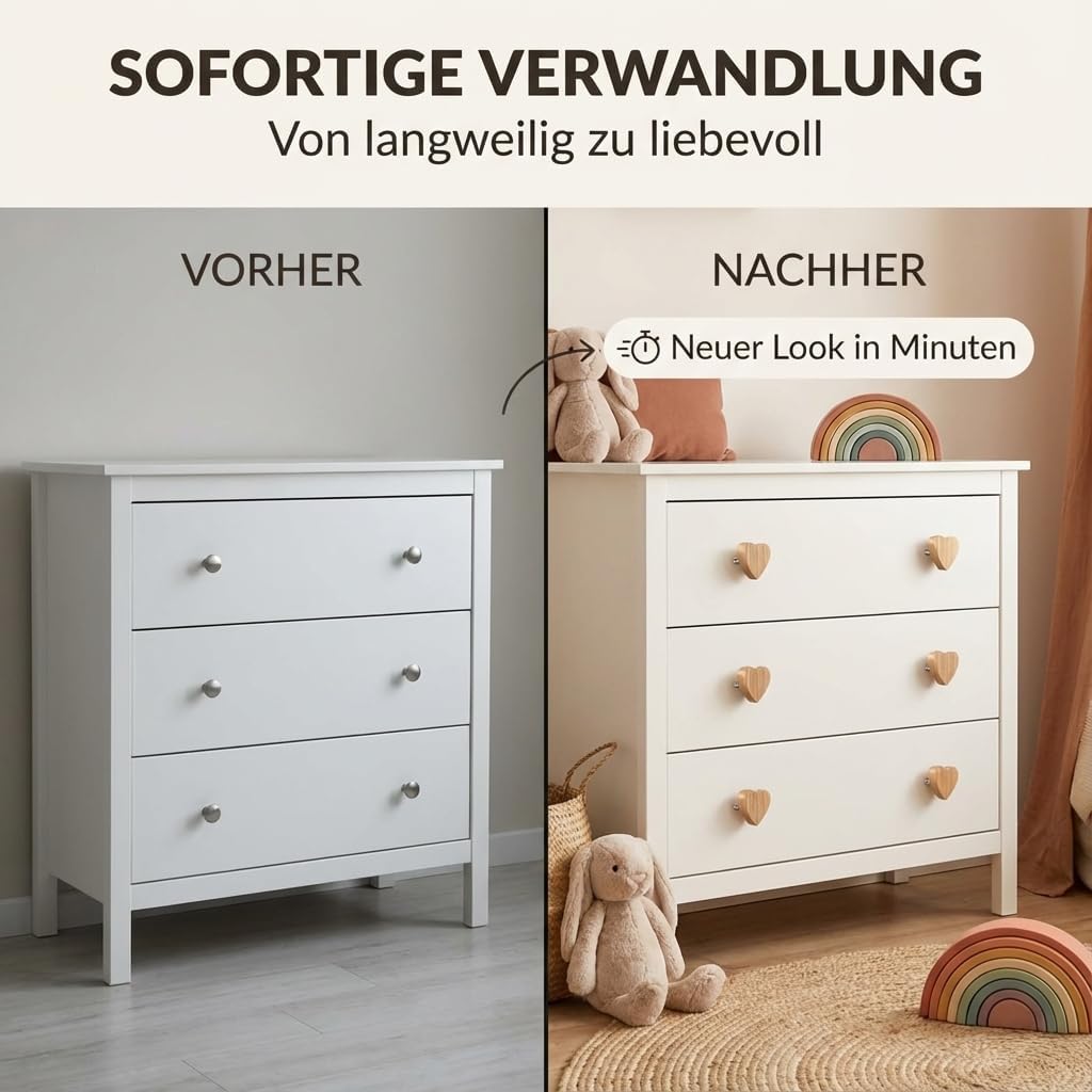 Möbelknöpfe Holz Herz 8 Stück - Schrankknöpfe Kinder, Holzknöpfe für Kommoden, Möbelgriffe Holz 8er
