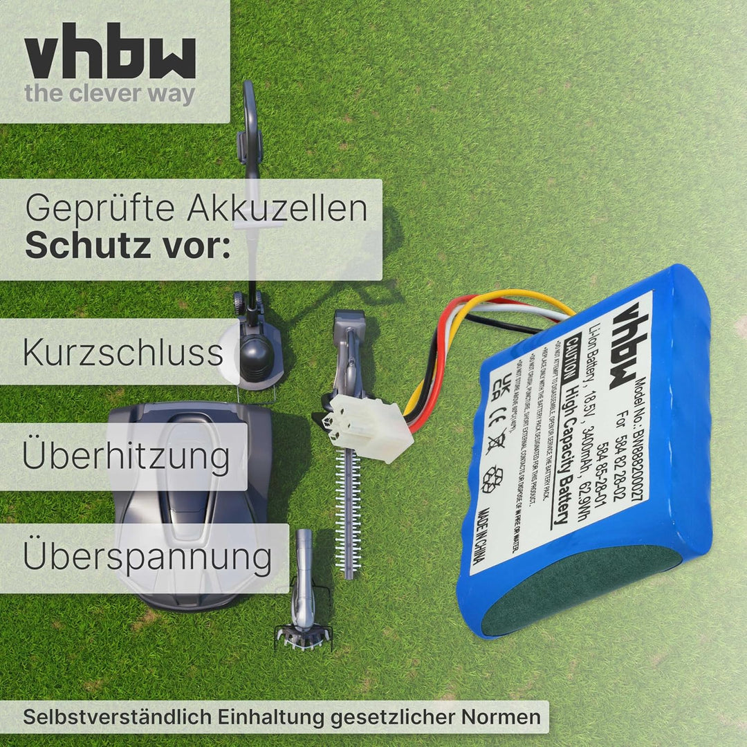 vhbw Akku kompatibel mit Husqvarna Automower 310 (2015-2018) Rasenmäher (3400mAh 18,5V Li-Ion)