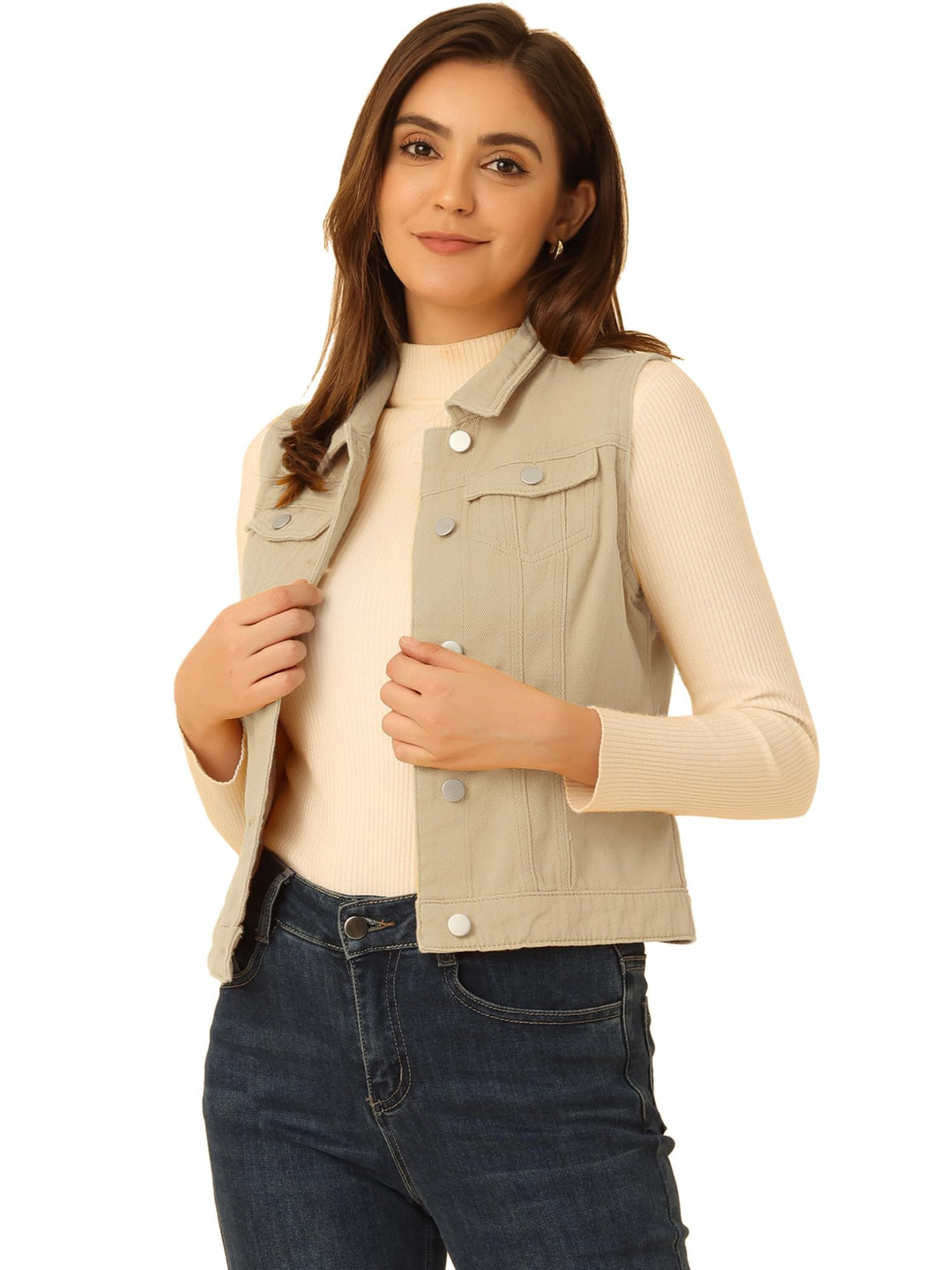 Allegra K Damen Jeansweste Ärmellos Knopfleiste Denim Revere Westen mit Taschen XS Beige