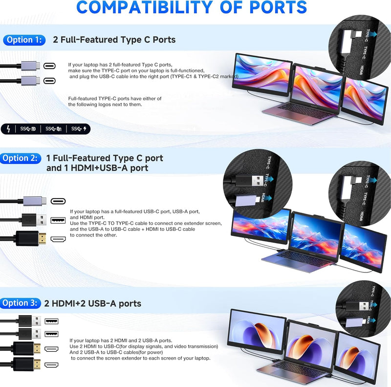 Kwumsy Tragbarer Monitor Für Laptop-14 Zoll FHD 1080p Dual Triple Screen Extender, Plug & Play Kein