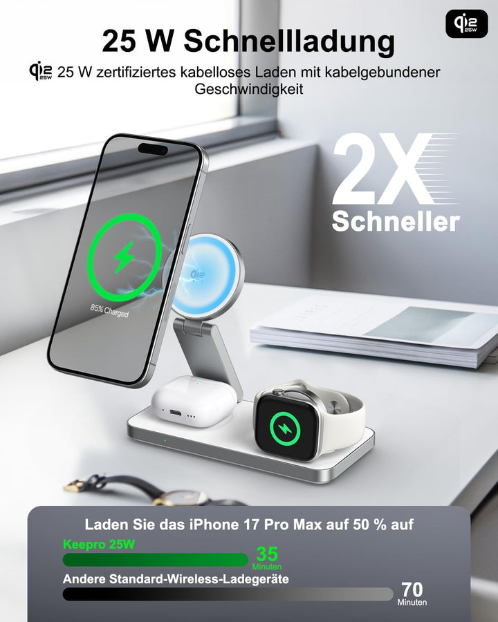 25W kabelloses Ladegerät mit Mag-Safe, Faltbare 3-in-1 Ladestation für iPhone 17e/17/16/15/14/13/12/