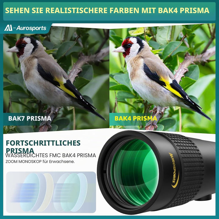 Aurosports 10-30x40 Zoom Monokular Teleskop Erwachsene, Bak4 Prisma Dual Fokus Fernrohr Kompakt Mono