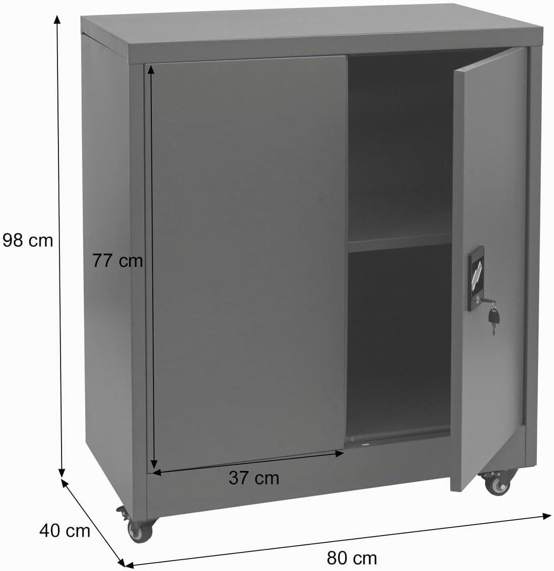 Aktenschrank HWC-O50, Büroschrank Stahlschrank mit Rollen, 2 Türen abschliessbar, Stahl 98x80x40cm -