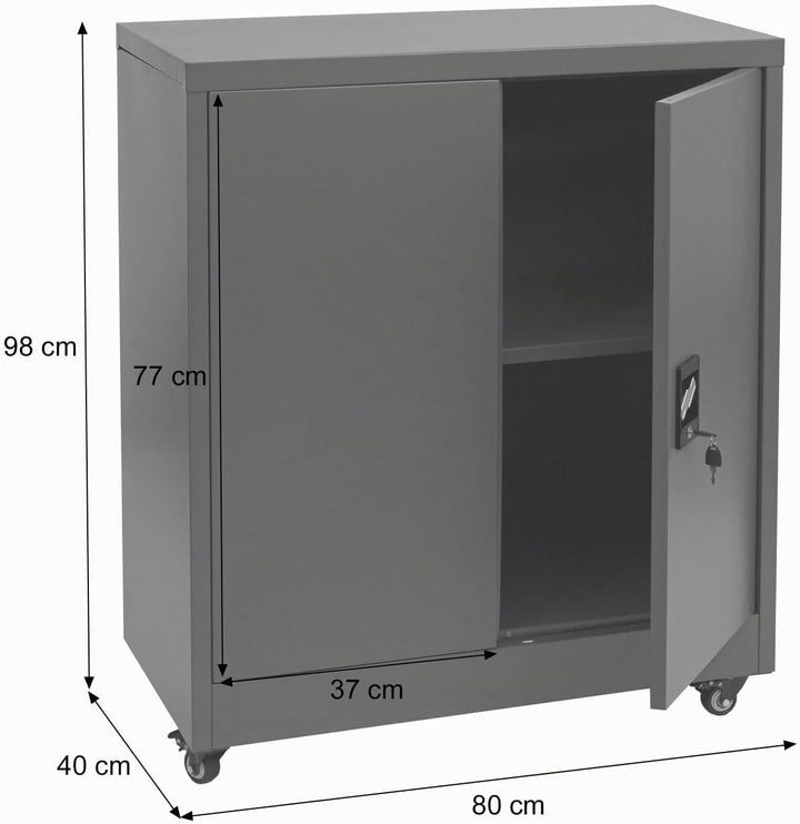 Aktenschrank HWC-O50, Büroschrank Stahlschrank mit Rollen, 2 Türen abschliessbar, Stahl 98x80x40cm -