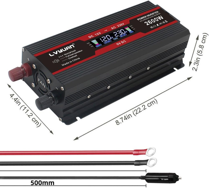 LVYUAN Wechselrichter DC 12V auf AC 230V 2600W Spannungswandler mit EU Steckdosen, 2 USB und LCD-Anz