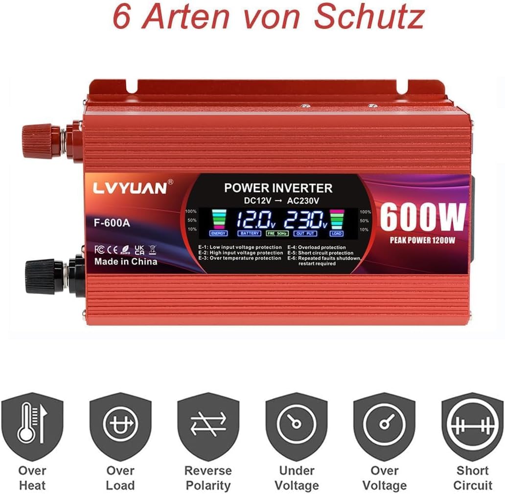 LVYUAN 600W/1200W Wechselrichter DC 12V auf AC 230V Spannungswandler 1 EU Steckdose & 2 USB Port Str