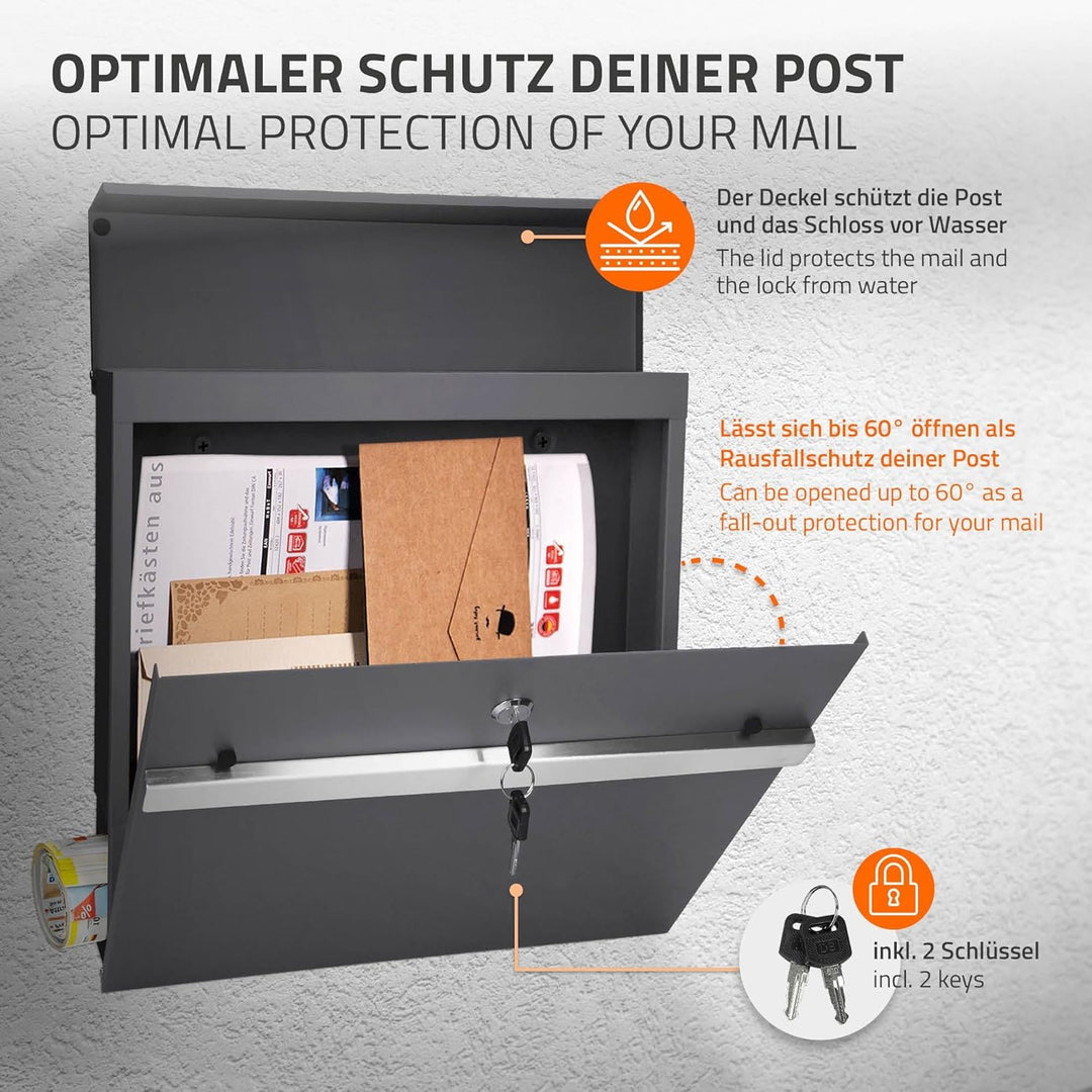 ECD Germany Briefkasten mit Zeitungsfach 37x11x36,5 cm aus Stahl pulverbeschichtet Anthrazit-Grau in