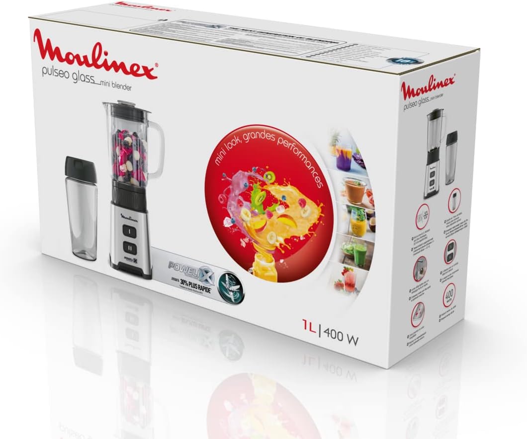 Moulinex Pulseo LM17GD Standmixer 400 W, 4 Klingen 700 ml und 600 ml tragbarer Behälter, 2 Geschwind