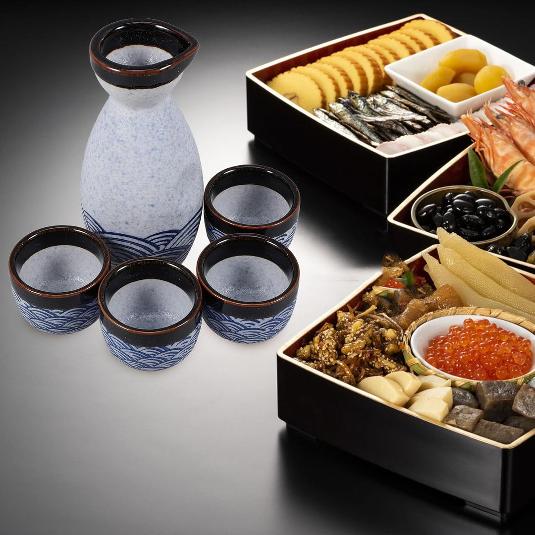 HEMOTON Keramik Sake Set Japanische Sake Flasche Und Vier Ochoko Tassen Glasiert Sea Ripple Sake für