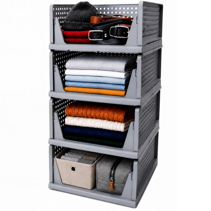 Kleiderschrank Organizer 4er Set – faltbare, stapelbare Aufbewahrungsboxen aus PP Kunststoff für Kle