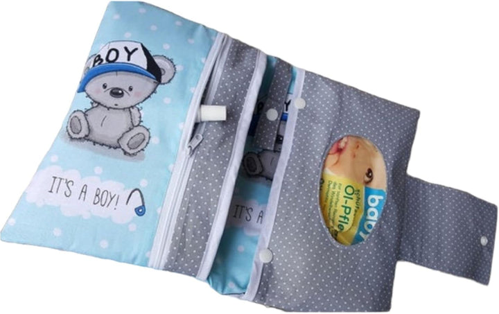 Set: Windeltasche und U-Heft-Hülle Teddy Bärchen blau grau Babygeschenk Geburt
