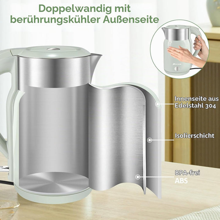 Wasserkocher Edelstahl mit 1.8 Liter,2200 Watt Schnellkochend Elektrischer Wasserkocher BPA Frei,Dop