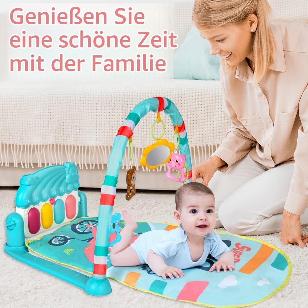AOMIG Piano-Gym Spieldecke, Krabbeldecke mit Musik und Lichtern, Spielmatte mit Spielbogen abnehmbar