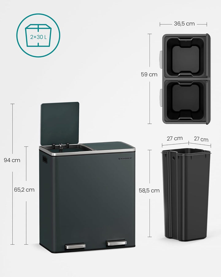 SONGMICS Mülleimer, 2 x 30 L, 2 Fächer, Mülltrennsystem, Treteimer, Abfalleimer Küche, 15 Müllsäcke,