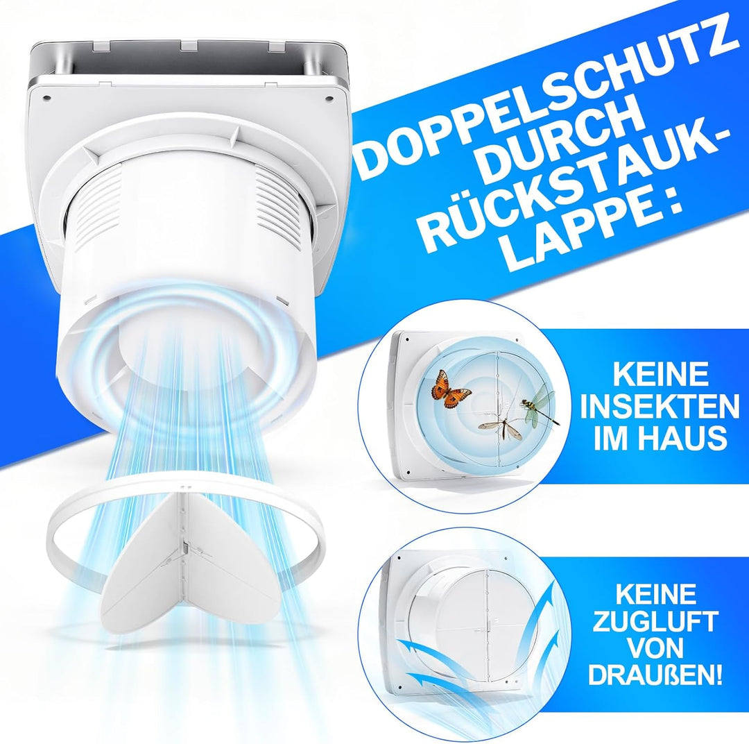 Ø150mm Badlüfter mit Feuchtigkeitssensor & Nachlauf [18W - IPX4 - 35db] Leiser Abluftventilator mit