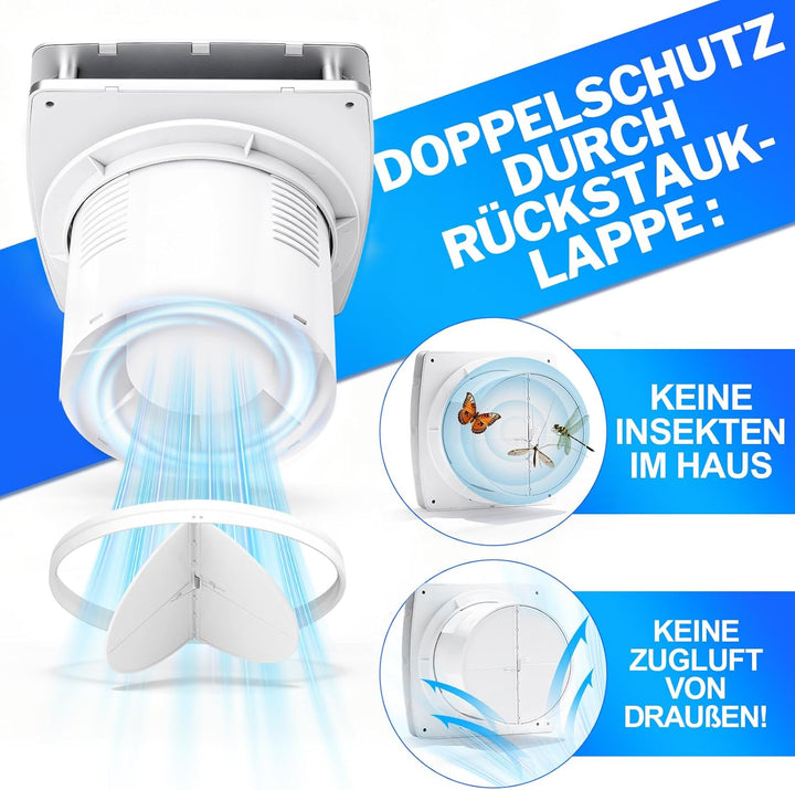 Ø150mm Badlüfter mit Feuchtigkeitssensor & Nachlauf [18W - IPX4 - 35db] Leiser Abluftventilator mit