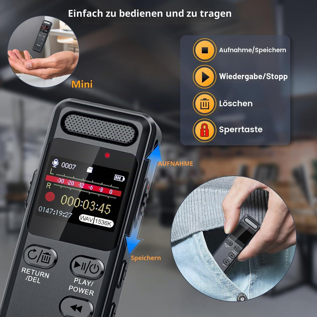 16GB Diktiergerät Digitale mit Spracherkennung, Ponovo Aufnahmegerät 100 Std Kontinuierliche Aufnahm