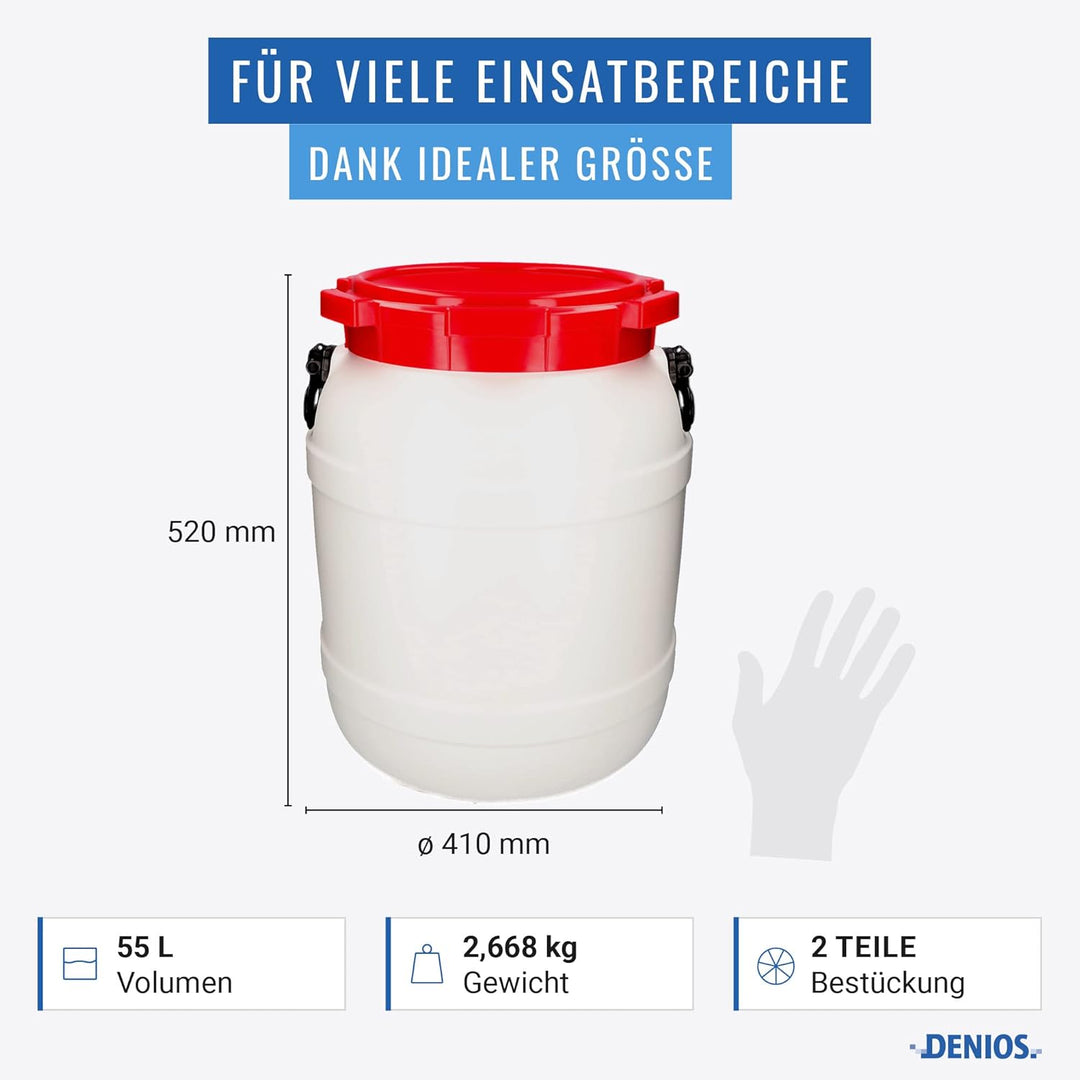 DENIOS® Weithalsfass WH 55, aus Polyethylen (PE), 55 Liter Volumen, weiss/rot, 55 Liter