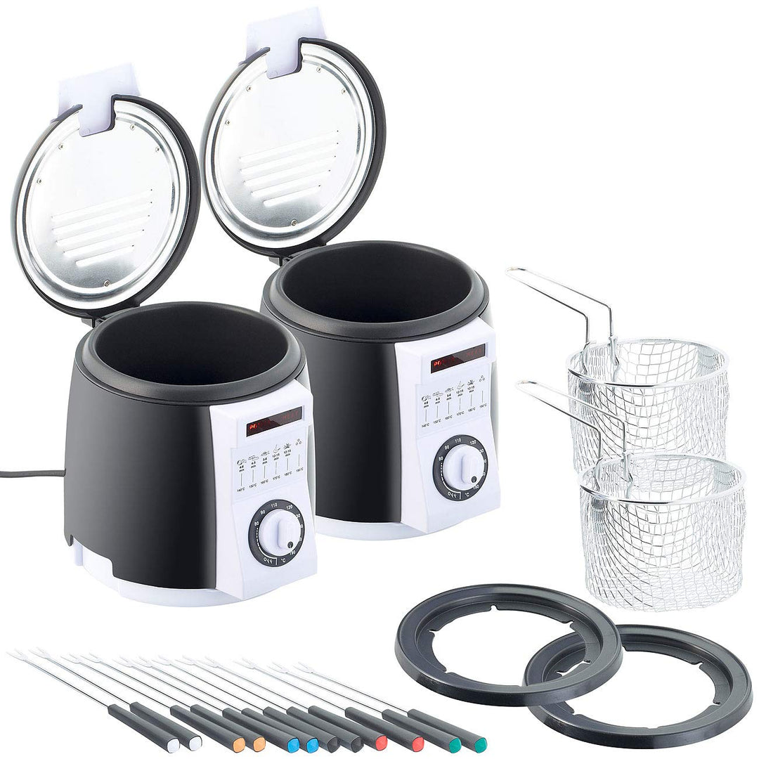 Rosenstein & Söhne Minifritteuse: 2er-Set kompakte Tisch-Fritteusen mit Fondue-Set, 0,9 Liter, 840 W