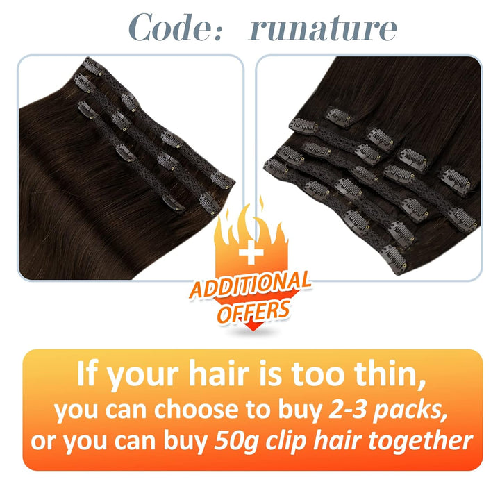 RUNATURE Dunkelbraun Clip Extensions Echthaar Günstig 30cm Clip in Echthaar Extensions 80g 7pcs Remy