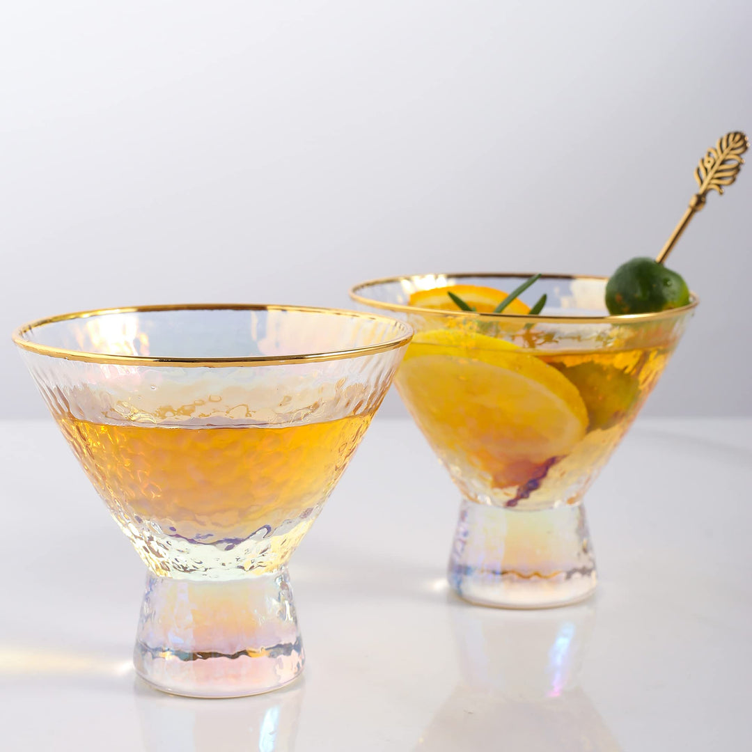 Lysenn Schillernde Martini-Gläser ohne Stiel, 2 Stück – Premium gehämmerte Cocktailgläser für Hochze