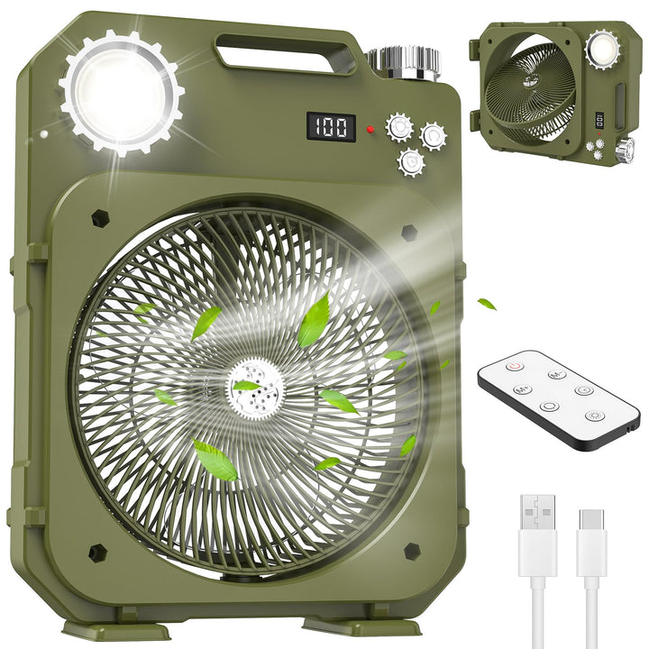 Tragbarer Camping Ventilator mit LED-Licht/SOS, Leiser Akku Tischventilator, Kabellos 5400mAh, 100 G