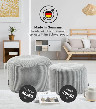 mokebo® Pouf, Hocker o. Sitzhocker aus Cord 40x60 cm 'Der Faule Lenz', Bodenkissen rund in Grau, Fus