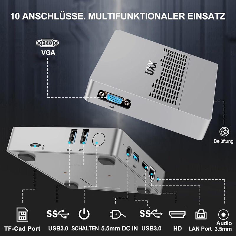 UXX Mini PC Unterstützung 512GB M.2 SSD Erweiterung, N3350 Micro Desktop Computer 64GB eMMC, Gaming