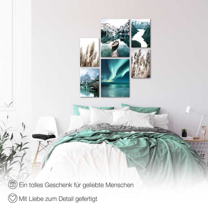 Novart Bilder Set - AUFHÄNGFERTIG - KEIN EXTRA RAHMEN BENÖTIGT - Natur Berge See Modern Aurora Grün