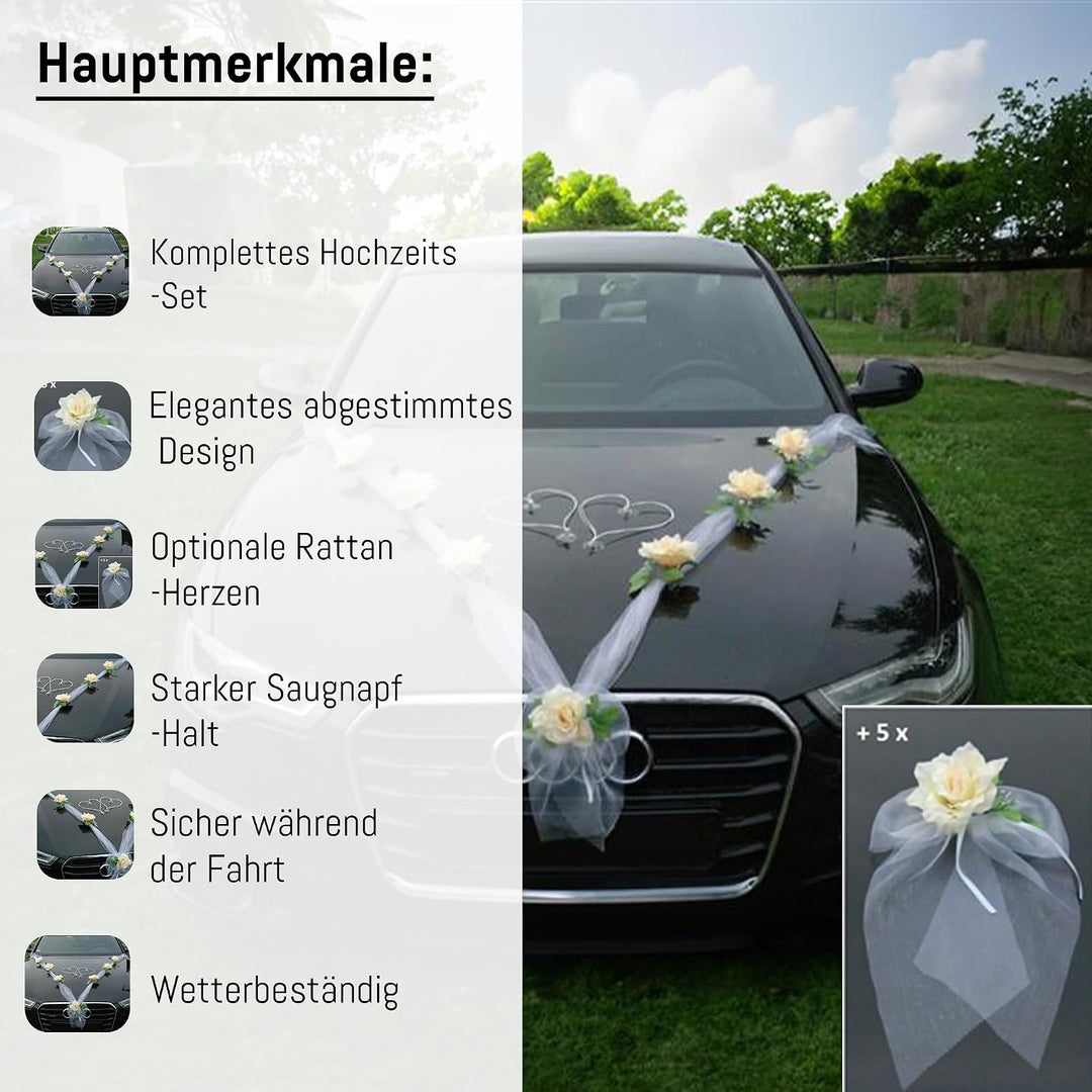 Organza M + Schleife Auto Schmuck Braut Paar Rose Deko Dekoration Autoschmuck Hochzeit Car Auto Wedd