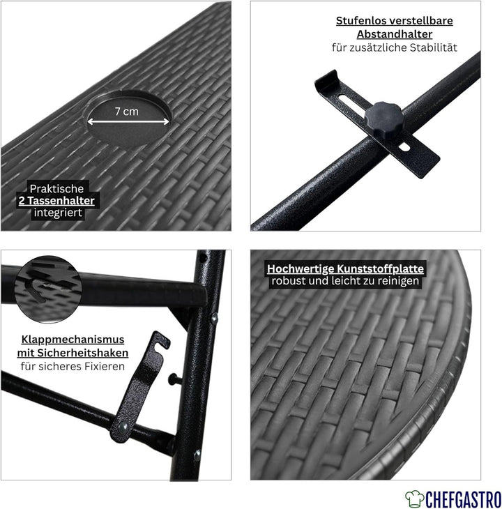 CHEFGASTRO Balkonhängetisch klappbar wetterfest 3-Fach höhenverstellbar 60x40cm Metall Rattan Optik