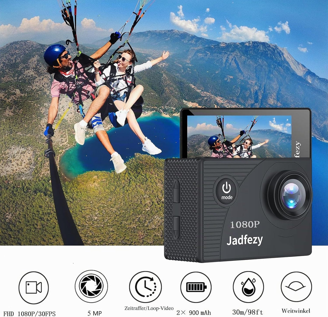 Jadfezy Action Cam FHD 1080P/12MP, Unterwasserkamera wasserdicht bis 30M, 140 Grad Weitwinkel Action