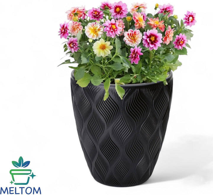 MELTOM Blumentopf mit Bewässerungssystem Rund Niedrig 3D Effekt Dekorativ, Farbe: Schwarz, DxH: 39 x