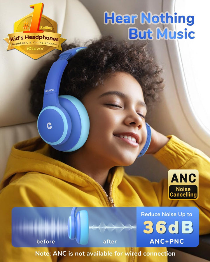 iiClever Noise Cancelling Bluetooth Kopfhörer Kinder, 60 Spielzeit, Sichere Lautstärke 80 dBA, Typ-C