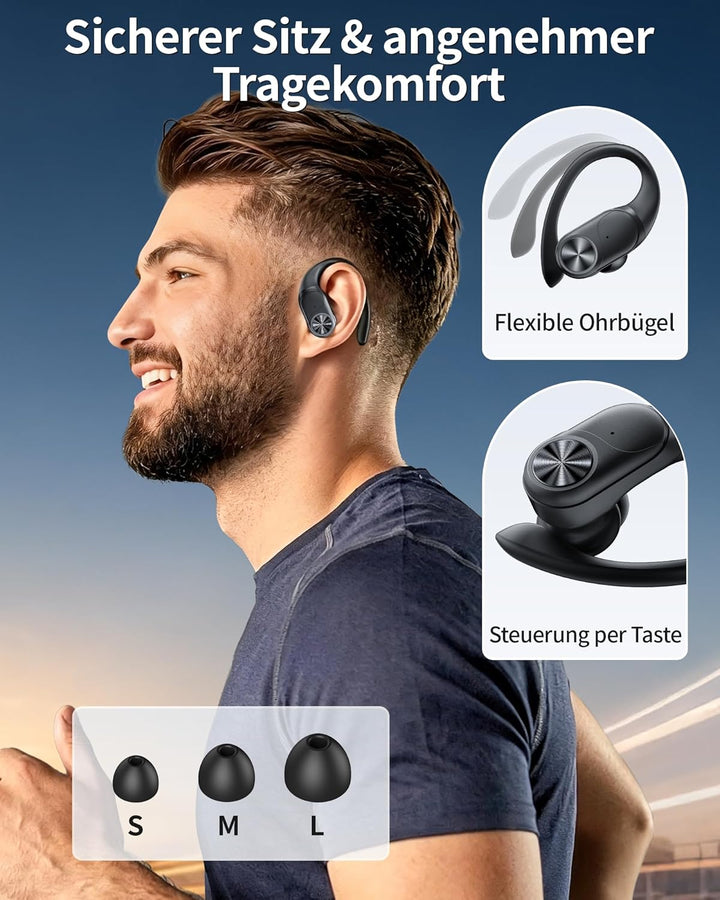Kabellose Bluetooth Kopfhörer Sport 5.3, 80h Laufzeit, Doppel LED Akkuanzeige, IPX7 Wasserdicht, 13m