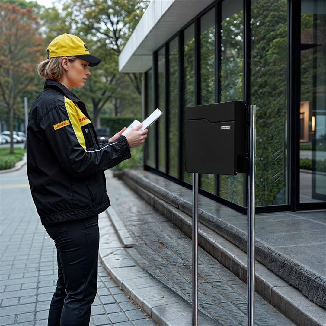 Metzler Standbriefkasten in Tiefschwarz - Pulverbeschichtet & mit Zeitungsfach - Inkl. Edelstahl Sta