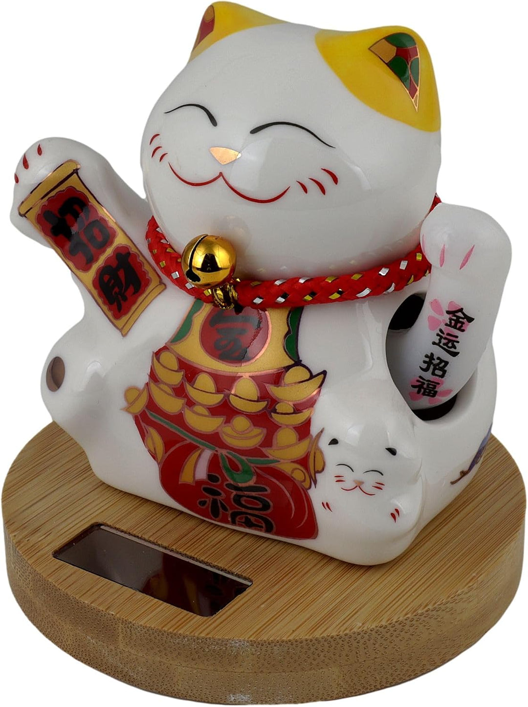 Freak Scene Glückskatze Keramik 10cm weiss Bambussockel Solar Maneki-Neko Winkekatze Lucky cat Model
